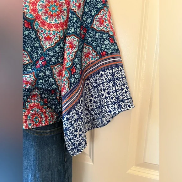 Red and Blue Cropped Wrap Blouse with Dolman Sleeves by twine & string, … - Picture 2 of 8